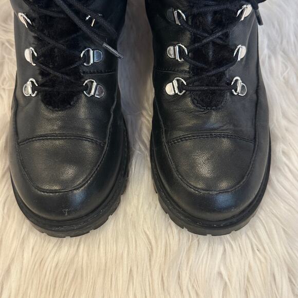 Stuart Weitzman Luge Boots Leather Faux Shearling Lace Up Mid Calf Combat Boots - Picture 5 of 16
